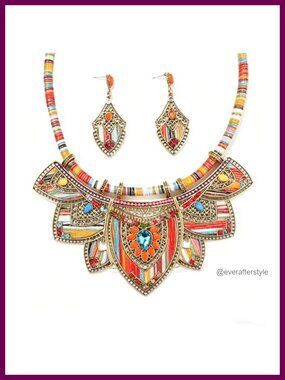 Boho African Inspired Beaded Bib Choker Necklace and Earrings Jewelry Set